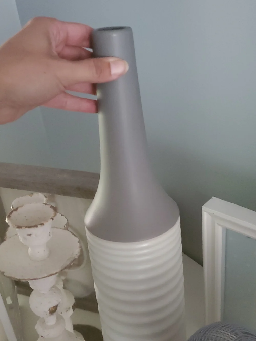 White and Gray Ribbed Ceramic Vase - Home Accents